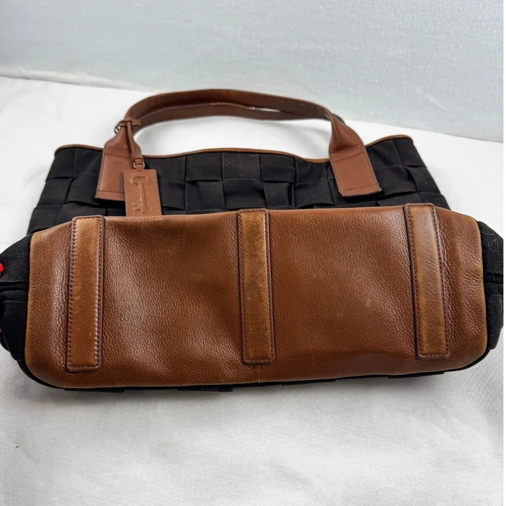 Fossil Woven Canvas Tote Bag Black Brown Leather Trim Shoulder Bag Key Fob